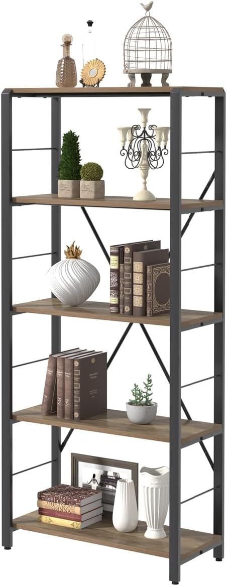 FOLUBAN 5 Tier Tall Bookshelf, Industrial Vintage Book Shelf, Rustic Wood and Metal Bookcase for Home Office Bedroom, Oak
