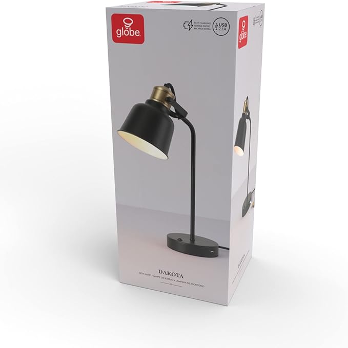 Globe Electric 30297 18" Desk Lamp with 2.1 USB Port, Matte Black, Brass Accents, Push Button On/Off Switch, Home Décor, Desk Lamps for Home Office, Home Office Accessories, Home Improvement