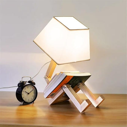 ELINKUME Cute Robot Desk Lamp,Dimmable Bedside Table Lamps,Square Lampshade Night Light with Foldable Solid Wood Body,Fun Kids Lamp, Nightstand lamp for Bedroom,Study,Office,Living room(Gift)