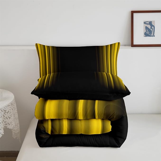 Geometric Abstract Ombre Bedding Bed Set Men Adults Teens Yellow and Black Striped Comforter Set Kids Boys Girls Simple Modern Comforter Inner Fill Bedroom Collection 2Pcs Twin Size