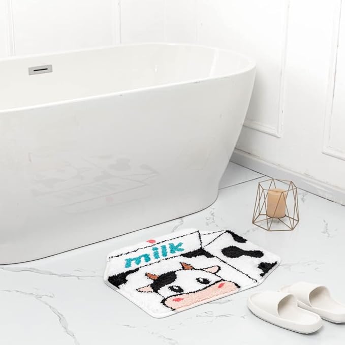 Milk Cow Bathroom Rugs Milk Box Shaped Animals Non Slip Cute Bath Rug Soft Absorbent Microfiber Bathtub Door Mat for Bathroom Kitchen Floor Tub Shower Rug Black White