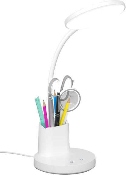 Desk Lamp, LED Desk Lamp for Home Office, Touch Table Lamp with 3 Color Modes 360° Adjustable Arm, Dimmable Desk Light with Pen Phone Holder, White