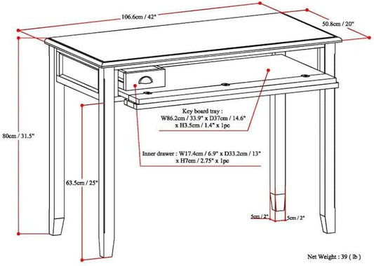 SIMPLIHOME Burlington SOLID WOOD 42 inch Wide Home Office Desk, Writing Table, Workstation, Study Table Furniture in Mahogany Brown with 1 Drawer