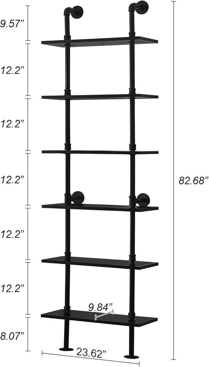 HOMBAZAAR Industrial Bookshelf, 6-Tier Industrial Pipe Bookshelf, Wall Mounted Ladder Shelf with Metal Frame for Home Office, Living Room, Black