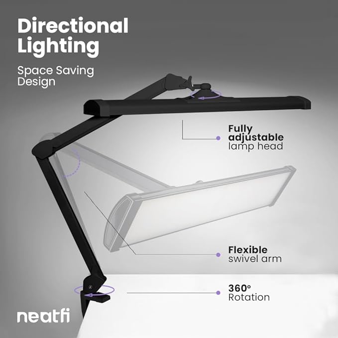 Neatfi Ultra 3,500 Lumen LED Desk Lamp, 45W, 26-Inch Wide Metal Shade, 270 SMD LEDs (Non-CCT with Clamp, Black)