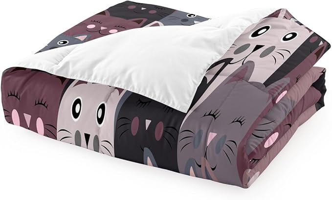 Cartoon Cat Bedding Set - 3Pcs Cute Cat Comforter Set for Bedroom Kids Boys Girls Cat Bedding Decor for All-Season Kawaii Kitten Pattern Lovely Animal 1 Cat Comforter with 2 Pillowcases, Queen Size