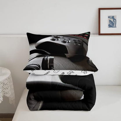Feelyou Gamepad Bedding Set Boys Game Controller Comforter for Kids Girls Teens Modern Gamer Headset Comforter Set Youth Gaming Console Video Game Decor Duvet Set with 2 Pillow Case Queen Size Black