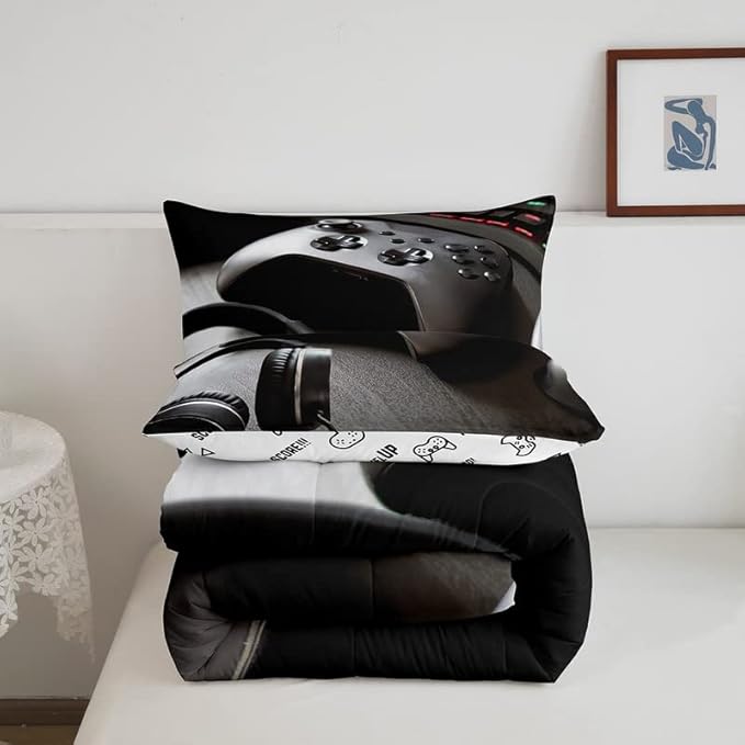 Feelyou Gaming Bedding Set Boys Game Controller Comforter for Kids Girls Teens Modern Gamer Headset Comforter Set Youth Gaming Console Video Game Decor Duvet Set with 1 Pillow Case Twin Size Black