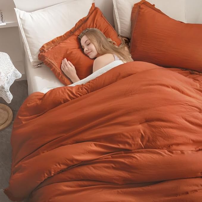 Andency Queen Comforter Set Burnt Orange, 3 Pieces Boho Terracotta Fall Tassel Lightweight Bedding Comforter Sets, All Season Rust Soft Bed Set (90x90In Comforter & 2 Pillowcases)