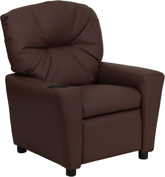 Flash Furniture Chandler LeatherSoft Kids Recliner with Cup Holder and Safety Recline, Contemporary Reclining Chair for Kids, Supports up to 90 lbs., Brown