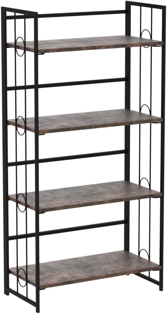 4NM No-Assembly 4 Tiers Folding Bookshelf Storage Shelves Vintage Bookcase Standing Racks Study Organizer Home Office - Rustic Brown and Black