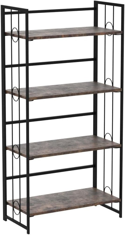 4NM No-Assembly 4 Tiers Folding Bookshelf Storage Shelves Vintage Bookcase Standing Racks Study Organizer Home Office - Rustic Brown and Black