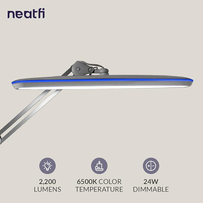 Neatfi XL 2,200 Lumens LED Task Lamp, 24W, 117 Pcs SMD LED, 23 Inches Ultra Wide Lamp, 4 Level Brightness Dimmable, Eye-Caring LED Lamp, Glare Free (Non-CCT with Clamp, Silver)