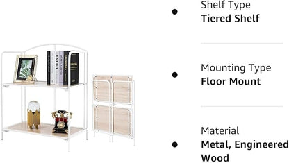 No Assembly Folding Bookshelf for Living Room, 2 Tier White Collapsible Book Shelf for Home Office, Portable Bookcase Storage Organizer