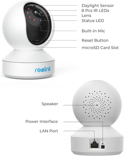 REOLINK Home Security Camera System, 3MP HD Plug-in Indoor WiFi Pan Tilt Pet Camera, Baby Monitor, Night Vision, 2 Way Talk, Smart Human/Pet Detection, Local microSD Card Storage, E1(2 Pack)