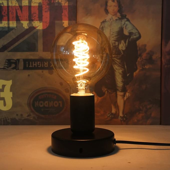 Industrial Table Lamp,Base E26/E27 Ceramic Base Holder, Vintage Small Desk Lamp with Plug in Cord On/Off Switch,Simple Metal Edison Light Bulb Stand (Black)