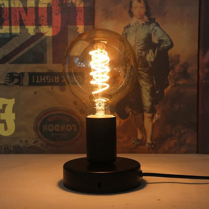 Industrial Table Lamp,Base E26/E27 Ceramic Base Holder, Vintage Small Desk Lamp with Plug in Cord On/Off Switch,Simple Metal Edison Light Bulb Stand (Black)