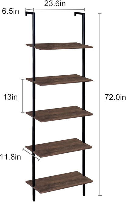 5 Tiers Ladder Shelf 2-Piece Black Modern Tall Bookshelf Open Large Tall Wall Mount Storage Bookcase Standing Leaning Wall Shelves Industrial Decorative