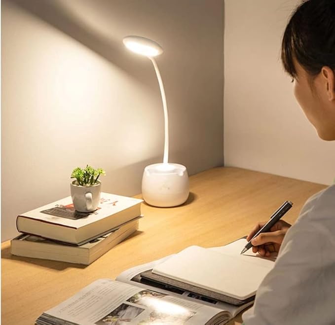 LED Desk Lamp with Pen Holder, Flexible Gooseneck Adjustable Brightness Level Reading Light, 2000mAh Rechargeable Eye-Caring with USB Port Touch Control