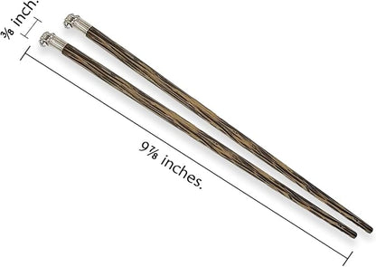 Wooden Chopsticks 9⅞" Long Coconut Palm Wood Chopstick Metal Elephant Top Eating Utensils Oriental Cutlery Asian Tableware Decorative Dinnerware to Serve Chinese Japanese Korean Food