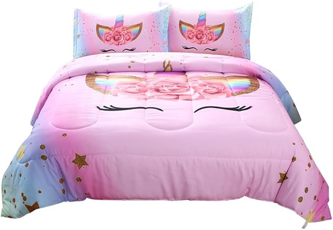 Unicorn Comforter Set Rainbow Soft Girls Unicorn Bedding with 1 Comforter 2 Pillowcases Pink Flower Unicorn Bedding Sets for Teens Girls Queen Size