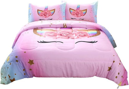 Unicorn Comforter Set Rainbow Soft Girls Unicorn Bedding with 1 Comforter 2 Pillowcases Pink Flower Unicorn Bedding Sets for Girls Twin Size