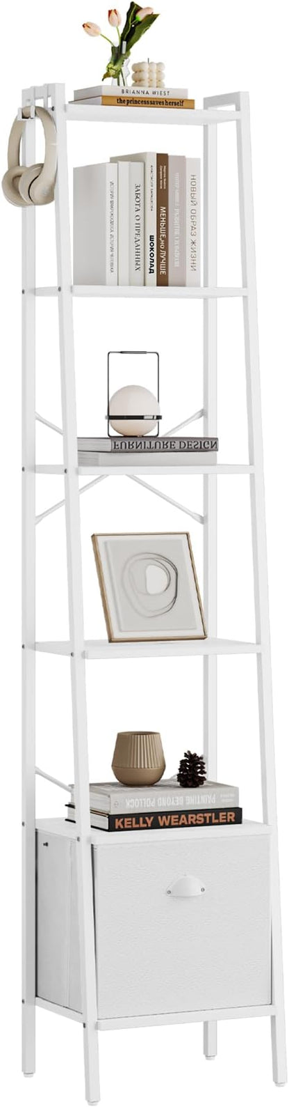 Narrow Bookshelf Bookcase with Drawer, Ladder Shelf with 2 Hooks, Bookshelves Storage Organizer, Freestanding Display Standing for Home Office, Bedroom, 6 Tier White BC19613W