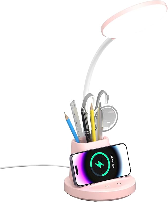 LED Desk Lamp with Wireless Charger for Home Office, Small with Pen Holder, 800LM,3 Color Modes,Gooseneck, Eye-Caring White Desk Lamps for Home College Dorm Room,Pink