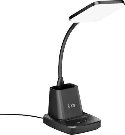 Cotanic LED Desk Lamps for Home Office with Wireless Charger, Stepless Dimmable, 3 Color Modes, Black Study Lamp for College Dorm Room, Touch Control, Pen Holder, CRI 90, 800 Lumen, Adapter Included