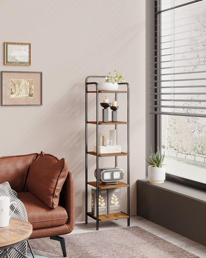 Bookcase Bookshelf, Narrow Book Shelf, Industrial Coner Shelf Storage Organizer, Slim Shelving Unit for Home Office, Living Room, Bedroom, Kitchen, 5-Tier Rustic Brown BC24501B