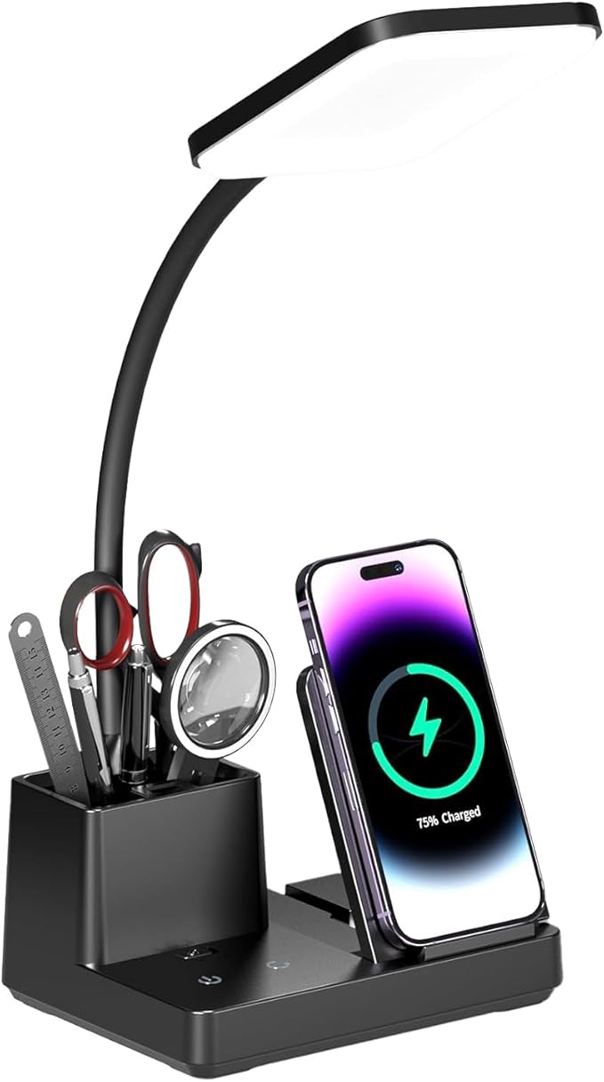 Desk Lamp with Wireless Charger USB Charging Port, Eye-Caring Desk Lamp for Home Office with Pen Holder, Dimmable Table Lamps 3 Color Modes