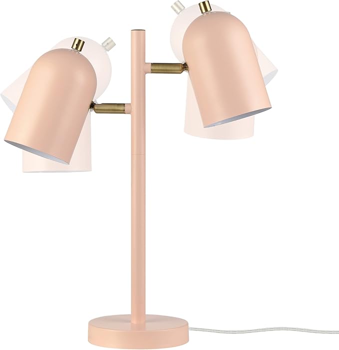 Globe Electric 30290 Carter 18" 2-Light Desk Lamp, Matte Pink, Matte Brass Accents, 2.1A USB Port, On/Off Rotary Switch on Each Shade