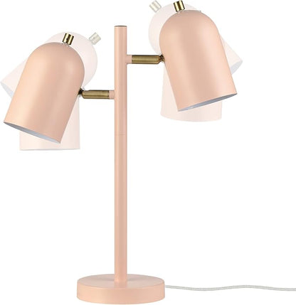 Globe Electric 30290 Carter 18" 2-Light Desk Lamp, Matte Pink, Matte Brass Accents, 2.1A USB Port, On/Off Rotary Switch on Each Shade