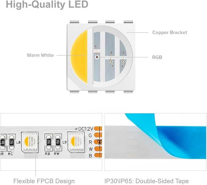 BTF-LIGHTING 5050 RGBW RGB+Warm White(2700K-3000K) 4 Colors in 1 LED Tape Light DC12V 5m 16.4ft 60LED/m Multi-Colored IP65 White 12mm PCB for Bedroom Kitchen Home Decoration(No Adapter or Controller)