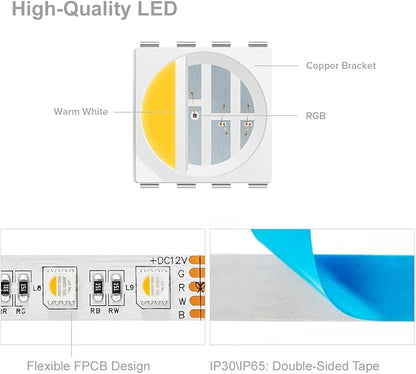 BTF-LIGHTING 5050 RGBW RGB+Warm White(2700K-3000K) 4 Colors in 1 LED Tape Light DC12V 5m 16.4ft 60LED/m Multi-Colored IP30 White 12mm PCB for Bedroom Kitchen Home Decoration(No Adapter or Controller)
