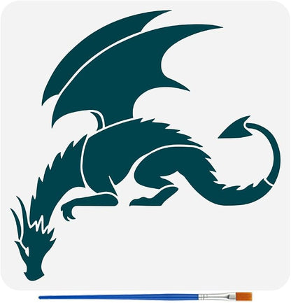 FINGERINSPIRE Dragon Painting Stencil with Paint Brush 11.8x11.8inch Pterosaur Drawing Template Dragon Pattern Stencil Corner Theme Decoration Template for Painting on Wood Wall Fabric Furniture