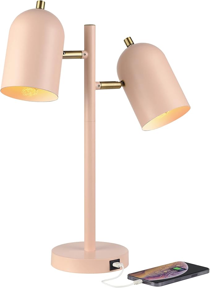 Globe Electric 30290 Carter 18" 2-Light Desk Lamp, Matte Pink, Matte Brass Accents, 2.1A USB Port, On/Off Rotary Switch on Each Shade