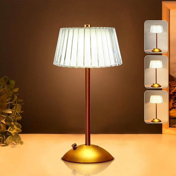 Cordless Metal Desk Lamp, Touch Sensor Control LED Table Lamp,3 Color Stepless Dimmable Battery Powered Lamp,Night Light for Kids Nursery,Bedroom/Desk/Cafe (Gold)