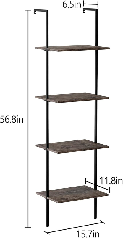 Ladder Shelf 4 Tiers Metal Industrial Bookshelf,Brown Wood Tall Open Storage Rack and Display Shelves,Wall Mount Wide Book Case for Home Office Bedroom,Small