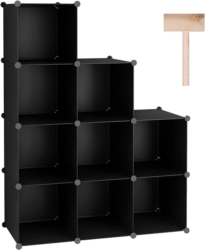 C&AHOME Cube Storage, 9-Cube BookShelf, Plastic Closet Cabinet Organizer, DIY Stackable Bookcase, Modular shelving Units Ideal for Home, Office, Kids Room, 36.6" L x 12.4" W x 48.4" H Black SHS3009A