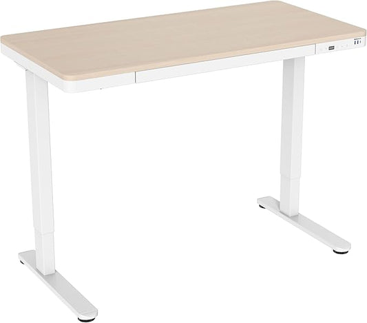 Mount-It! 47.2" Wide x 28.3" Deep Electric Height Adjustable Desk, Ergonomic Standing Workspace, Height Adjustment up to 46.5" Tall, Large Desktop, USB Ports, Drawer, Home Office, White, Maple Top