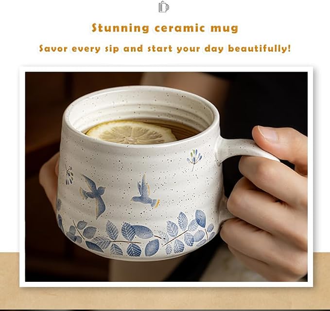 Ceramic Coffee Mug, 13oz Floral Design Pottery cute mugs, Ideal Gift for Women unique vintage pretty coffee mugs (Swallow Mug)