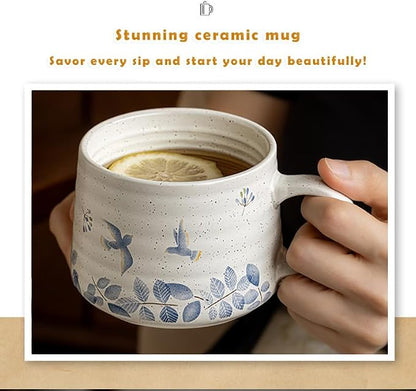 Ceramic Coffee Mug, 13oz Floral Design Pottery cute mugs, Ideal Gift for Women unique vintage pretty coffee mugs (Swallow Mug)