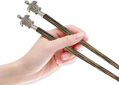 Wooden Chopsticks 9⅞" Coconut Palm Wood Chopstick With Metal Sea Turtle Top Eating Utensils Oriental Cutlery Asian Tableware Decorative Dinnerware to Serve Chinese Japanese Korean Food