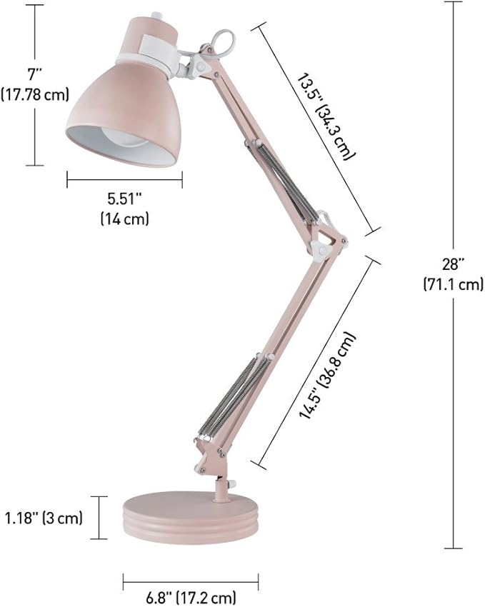 Globe Electric 52028 28" Swing Arm Desk Lamp, Matte Rose, Matte White Accents, On/Off Rotary Switch, Partially Adjustable Swing Arm, Home Office Accessories, Lamp for Bedroom, Home Improvement