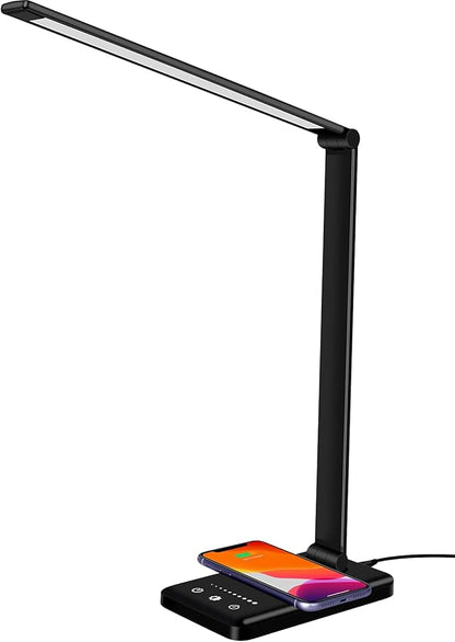 LED Desk Lamp with Wireless Charger, Dimmable Office Lamp with USB Charging Port, Eye- Caring Desk Lamps, Bright with 5 Lighting Modes, Touch Control Auto Timer