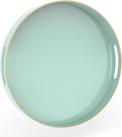 MAONAME 13" Mint Green Decorative Tray, Round Serving Tray with Handles | Plastic Decorative Tray for Coffee Table, Modern Ottoman Tray, Circle Tea Tray, Round Melamine Tray for Living Room, Bathroom