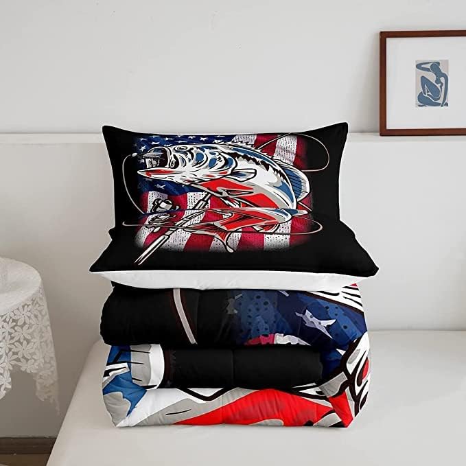 Fishing Comforter King Bass Fish American Flag Bedding Set Farmhouse Pike Fishing Comforter Set for Kids Boys Girls Teens Room Wild Fish Decor Red Blue Stripe Quilt Down Comforter Boys