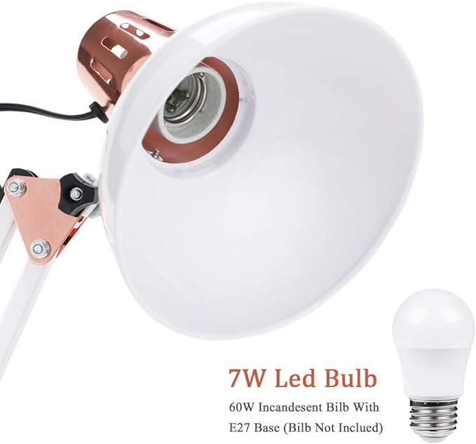 Metal Swing Arm Desk Lamps, Adjustable and Flexible,Feading with Base and Clip 2-in-1 Function, Fit E26&E27 Bulbs Base, Application in Bedroom Living Room, Office Home (White+Rose Gold)