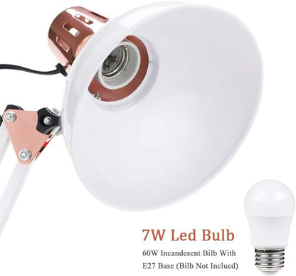 Metal Swing Arm Desk Lamps, Adjustable and Flexible,Feading with Base and Clip 2-in-1 Function, Fit E26&E27 Bulbs Base, Application in Bedroom Living Room, Office Home (White+Rose Gold)